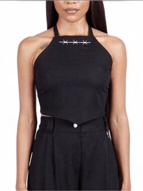 Black Halter Crop Top with Decorative Barbed Wire Accent